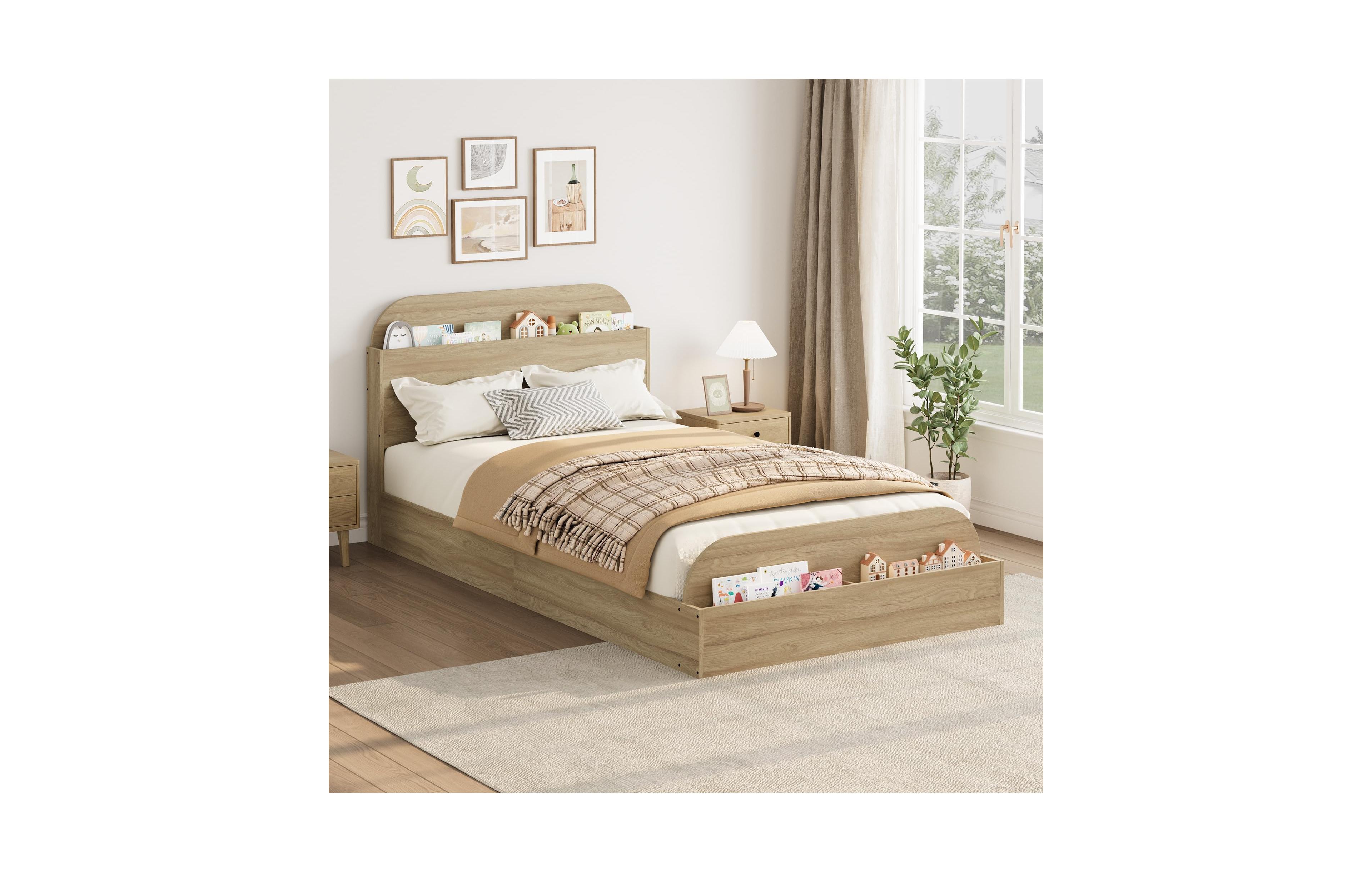 Gaomon Twin Size Bed Frame, Wooden Beds with Storage Headboard and Raised-Foodboard for Kid, Twin-Floor Low Platform Bed