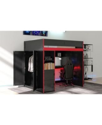 Gaming Loft Bed with Desk and Storage, LED Lights, Twin