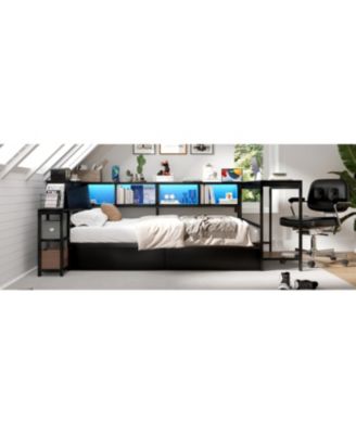 Streamdale Twin Corner Bed Frame with Bookcase, LED, and Storage Drawers