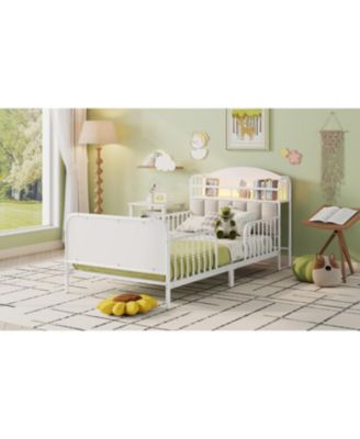 Streamdale Twin Metal Platform Bed with Upholstered Storage Headboard, White