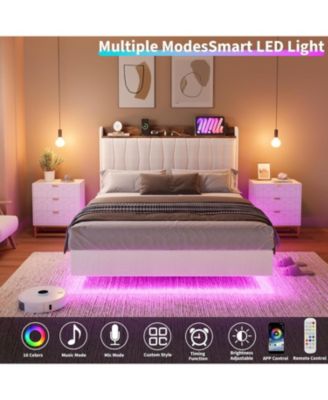 Floating Bed with LED Light Strips & USB Charging, Modern Upholstered Headboard, Wood Slats, Noise-Free, Easy Setup