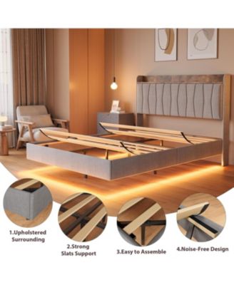 Floating Bed with LED Light Strips & USB Charging, Modern Upholstered Headboard, Wood Slats, Noise-Free, Easy Setup