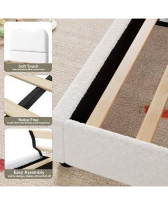 Twin Size White Velvet Upholstered Kids Bed Frame with Headboard, Low Profile, Strong Wooden Slats, Easy Assembly