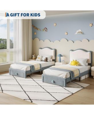 Twin Size Upholstered Bed Frame with 2 Drawers, Double Wavy Headboard, Princess Platform for Girls