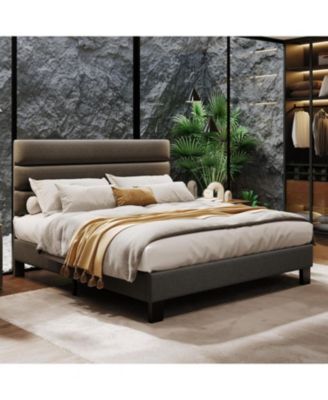 Queen Size Platform Bed Frame with Adjustable Headboard, Linen Upholstery, Wood Slats, No Box Spring Needed, Dark Grey