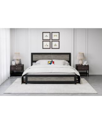 Full Bed Frame with Headboard Industrial Platform Charging Station 4 Storage Drawers Metal Slats Grey