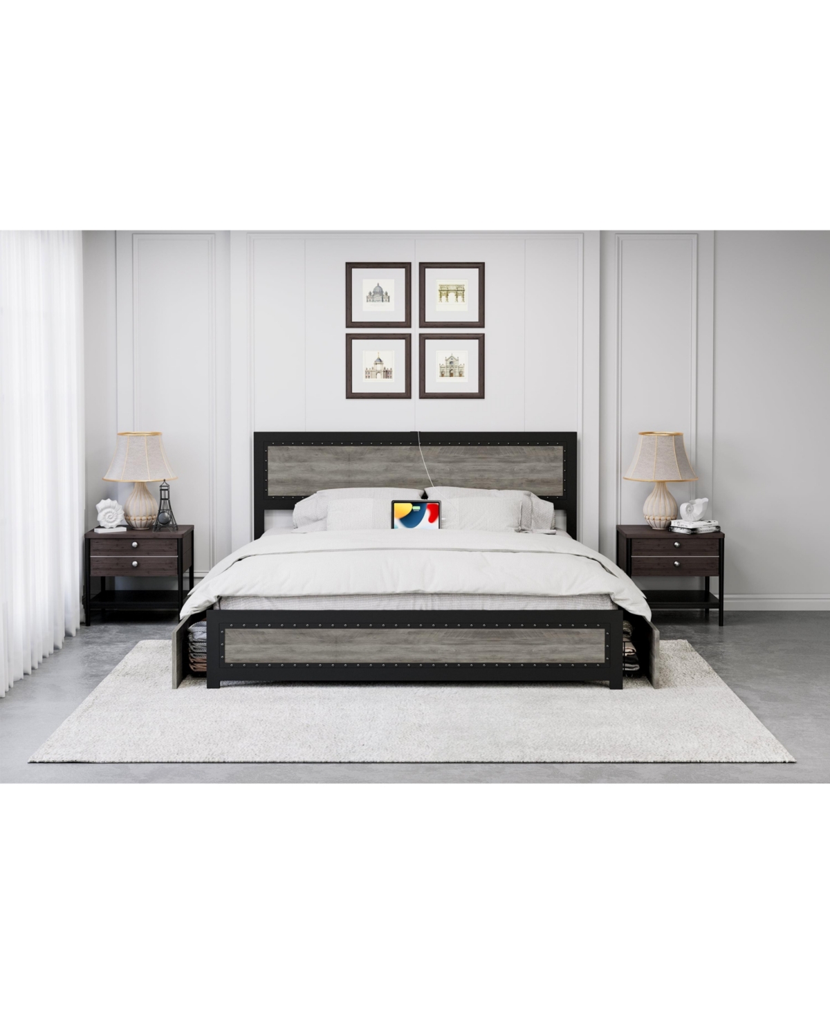 gaomon Full Bed Frame with Headboard Industrial Platform Charging Station 4 Storage Drawers Metal Slats Grey