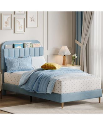 Twin XL Bed Frame with Storage Headboard Velvet Upholstered Platform for Kids Boys Wooden Slats Noise Free