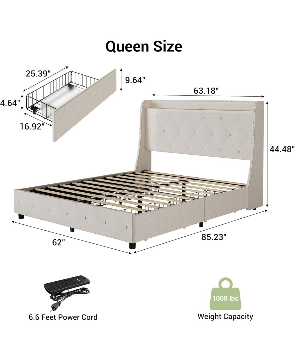 gaomon Queen Size Bed Frame with Storage Headboard Usb Ports Charging Outlets Metal Frame Wood Slats No Box Spring Needed Heavy Duty Beige