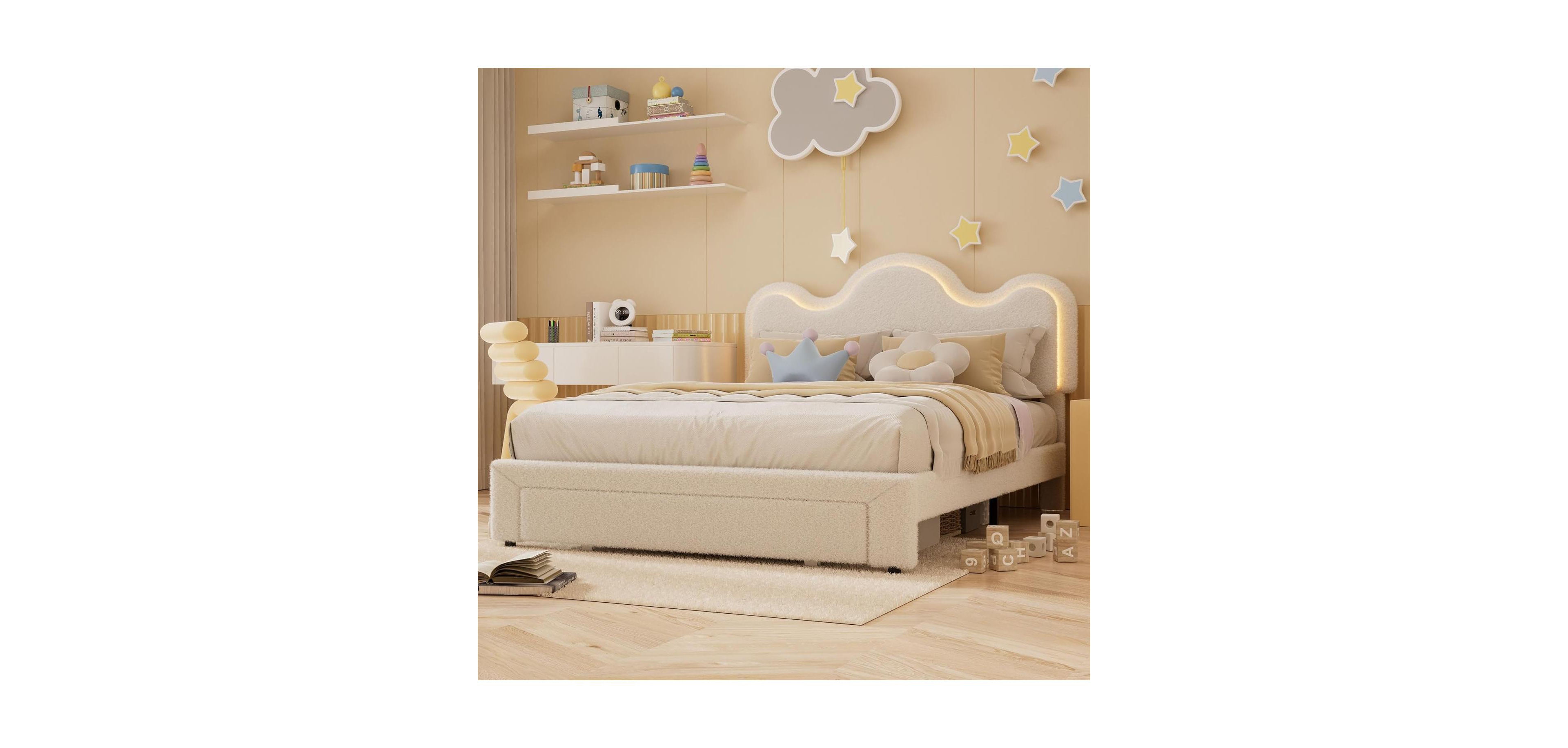 gaomon Queen Size Boucle Upholstered Platform Bed Frame with Flower Headboard Led Lights Storage Drawers Wood Slats