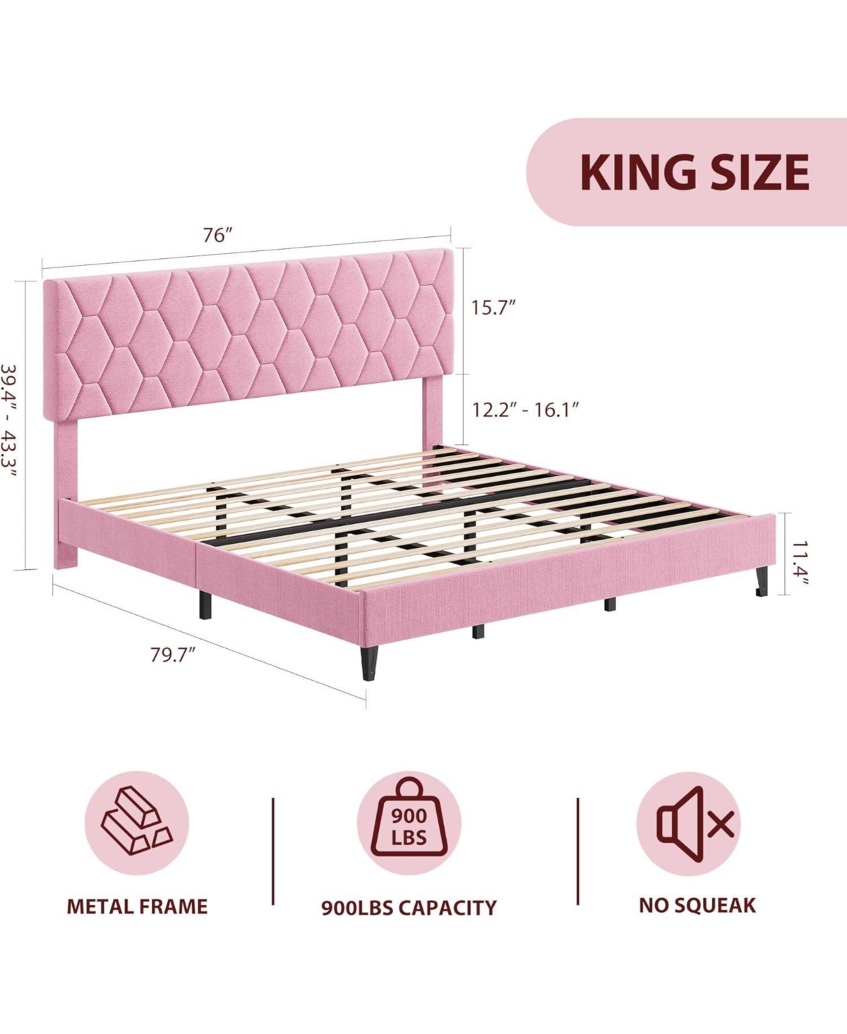 gaomon King Size Metal & Wood Upholstered Headboard Heavy-Duty Noise-Free Platform Bed Frame