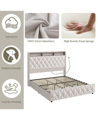 King Bed Frame with 50.8" Tall Headboard, Platform Velvet Upholstered Bed Frame with 4 Storage Drawers
