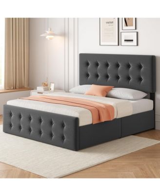 Full Bed Frame with Headboard and 4 Storage Drawers, Platform Bed Frame Square Stitched Button Tufted