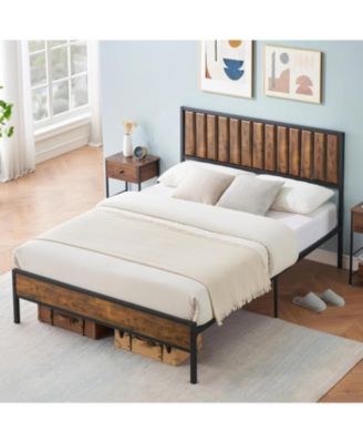 Platform Bed with Wooden Headboard and Footboard, 14-Bar Steel Support Frame, Strong Noise-Free Structure, No Box Spring Needed, Brown