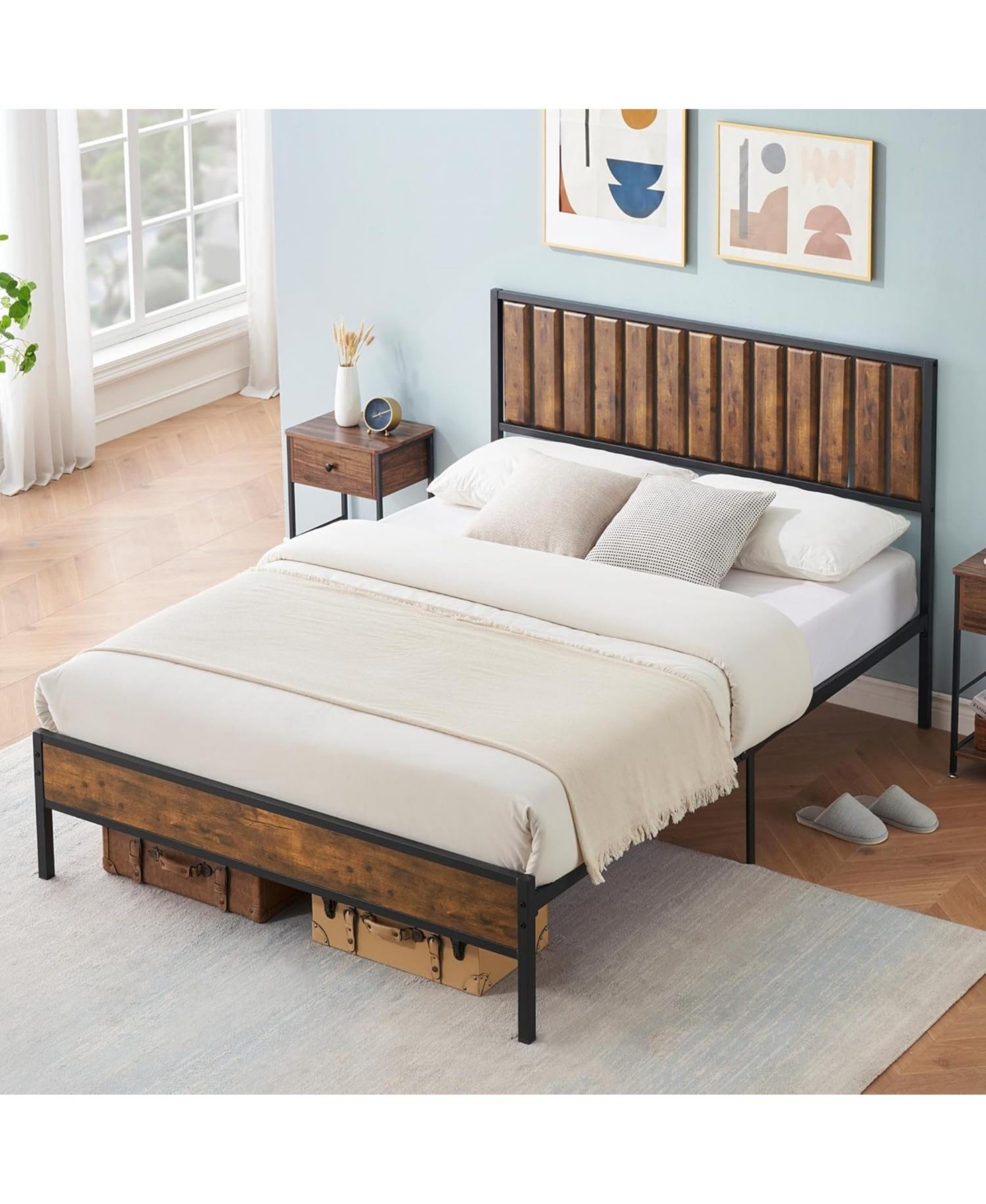 gaomon Platform Bed with Wooden Headboard and Footboard, 14-Bar Steel Support Frame, Strong Noise-Free Structure, No Box Spring Needed, Brown