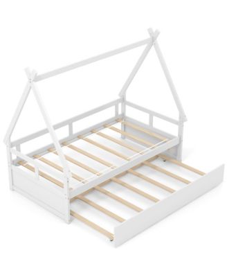 Twin Size House Bed w/ Trundle Roof & Safety Guardrail Wood Slat Support