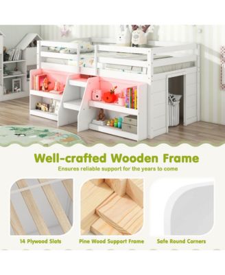 Twin Size Loft Bed w/ LED Lights Staircase & Safety Guardrail Under-bed Storage