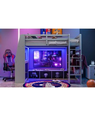 Gray Wood Twin Size Gaming Loft Bed w Built In Desk Storage Cabinets Hanging Clothes Rack LED Lighting Kids Teens Bedroom Furniture