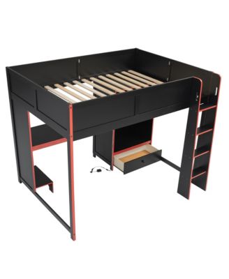 Wood Gaming Loft Bed with BuiltIn Desk Wardrobe and Storage Drawer LED Lighting Space Saving Furniture for Teens and Adults Bedrooms