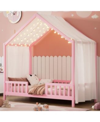 Streamdale Montessori Floor Bed with Canopy, Twin Bed Frame for Kids