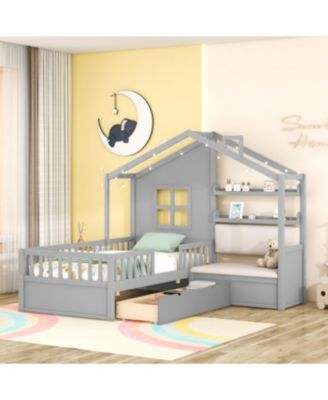 Twin Size Pinewood House Bed with Linen Sofa, Drawers and Storage Shelf