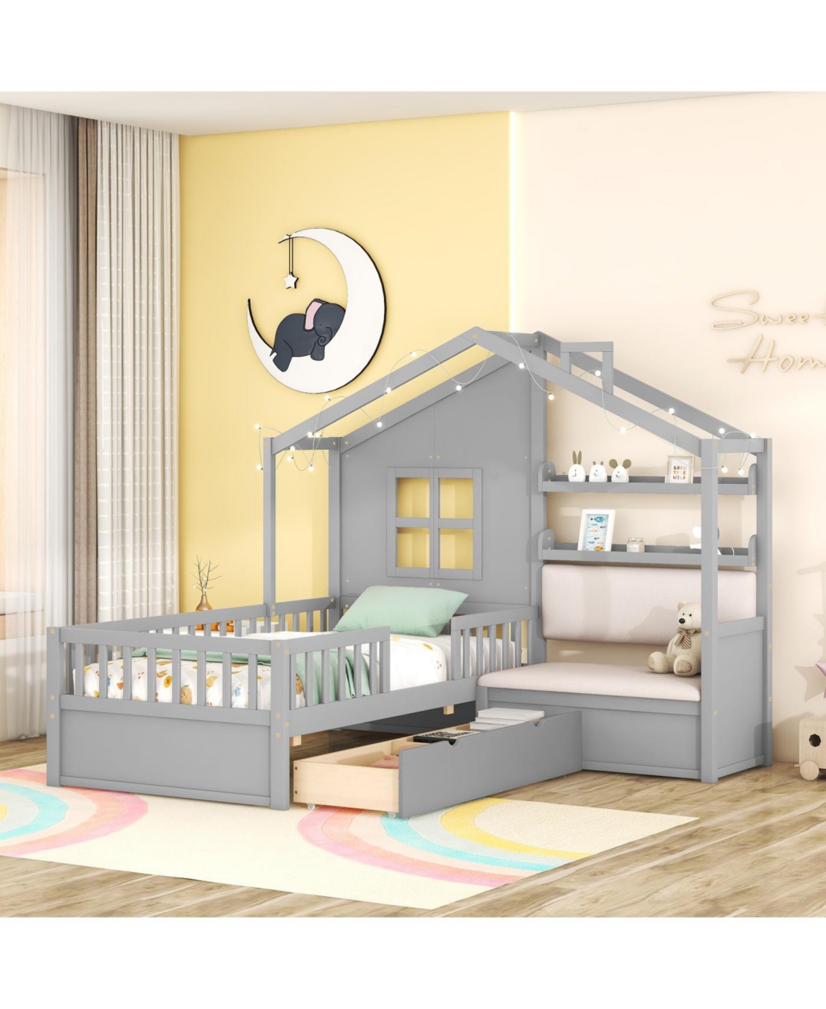 Streamdale Furniture Twin Pinewood House Bed with Linen Sofa, Drawers and Storage Shelf