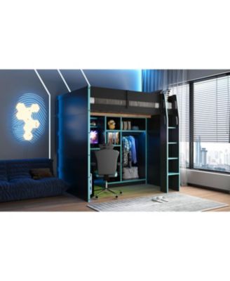 Full Size Wood Loft Bed with Desk, Wardrobe, Storage & RGB Lights