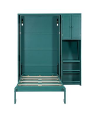 Twin Size Rotating Wall Murphy Bed with Bookshelf & Desk, Teal