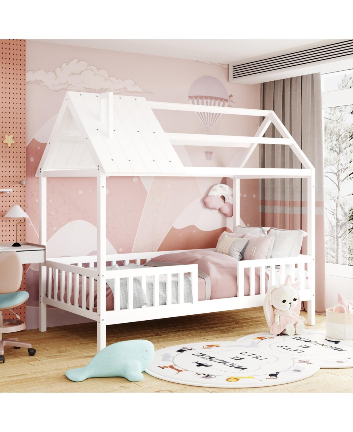 Streamdale Furniture Twin Wood House Bed with Fence, White+Gray