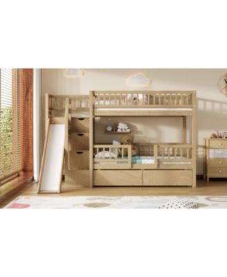Twin over Twin Bunk Bed w/ Storage Stairs, Slide, 2 Drawers, Walnut
