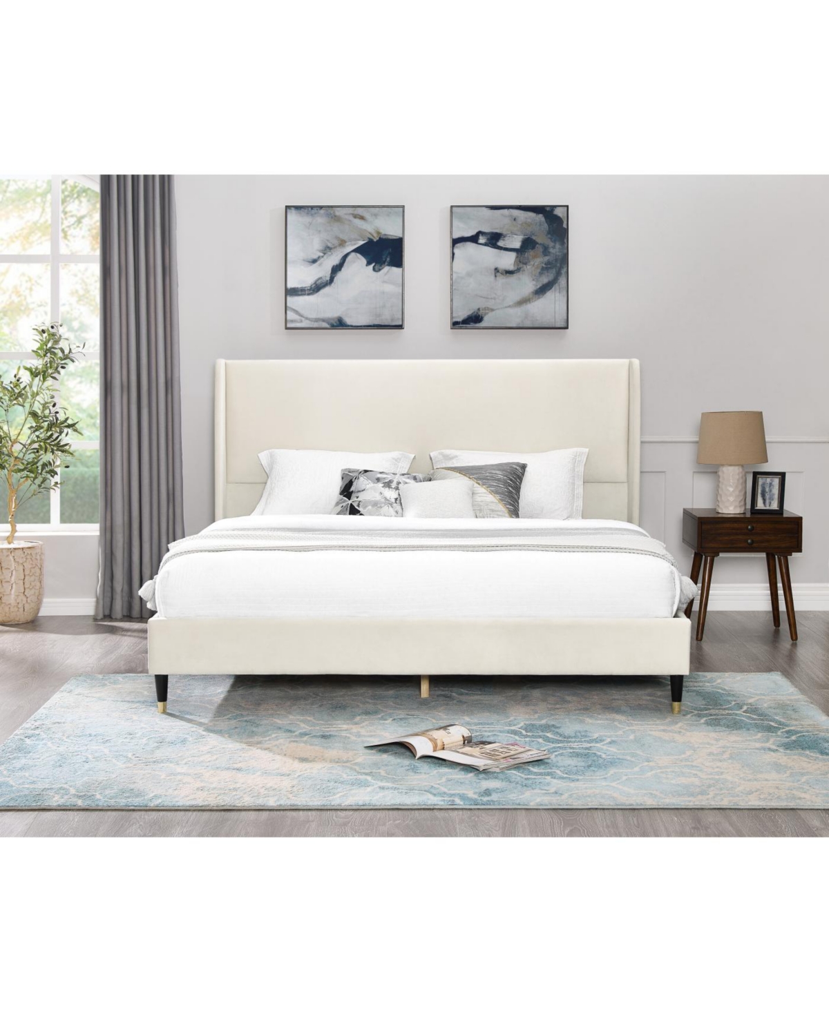 Streamdale Furniture Rozitta Beige Velvet Wingback Platform Bed, Queen