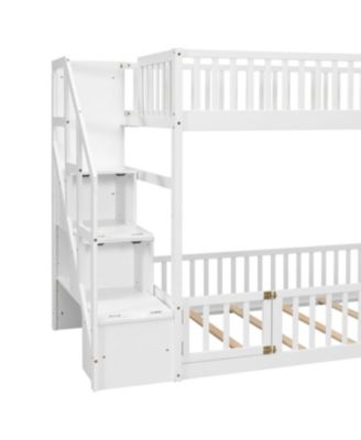 Twin over Twin Floor Bunk Bed, Ladder with Storage