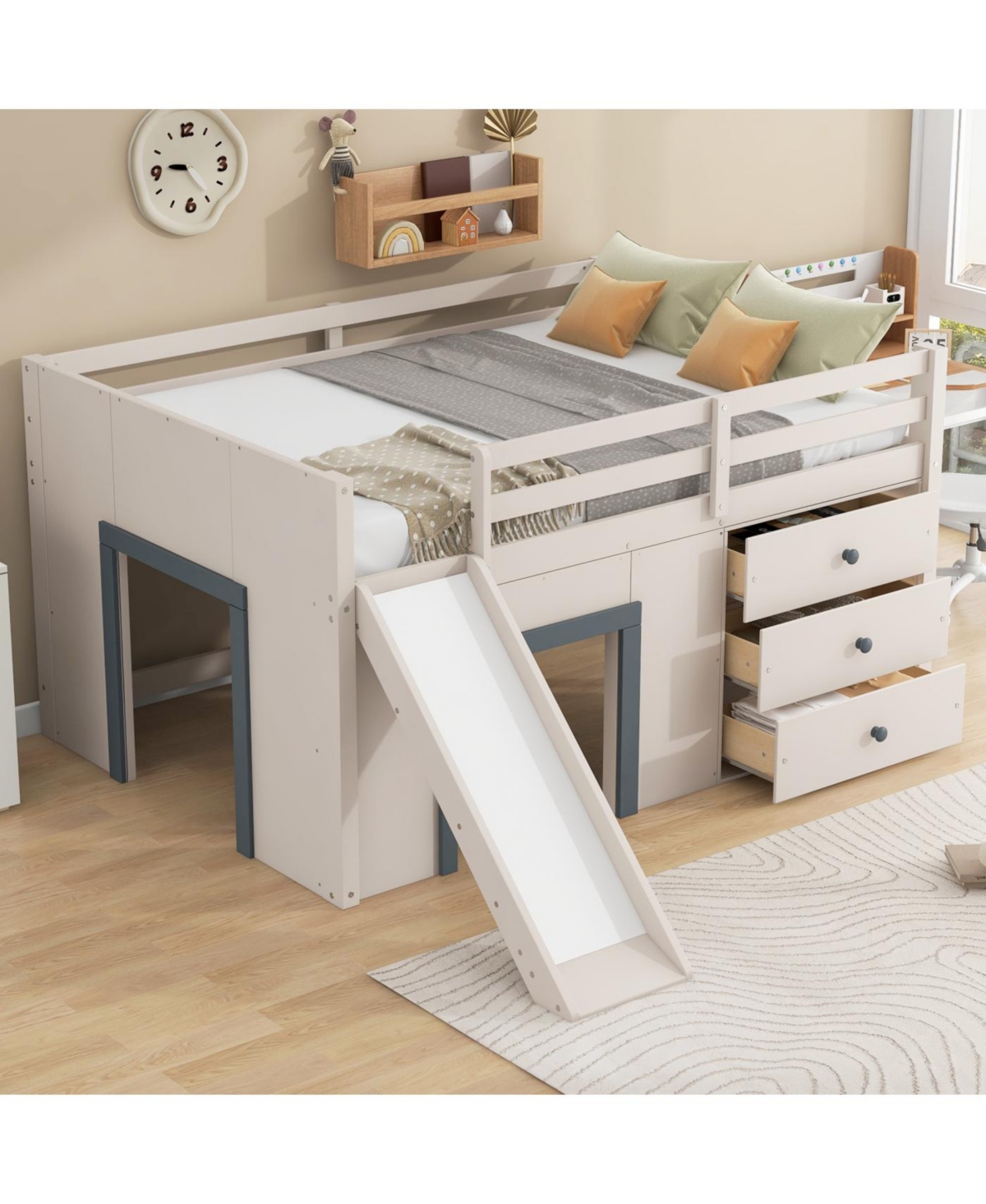 Streamdale Furniture Full Size Low Loft Bed with Slide, Storage Drawers, and Doors