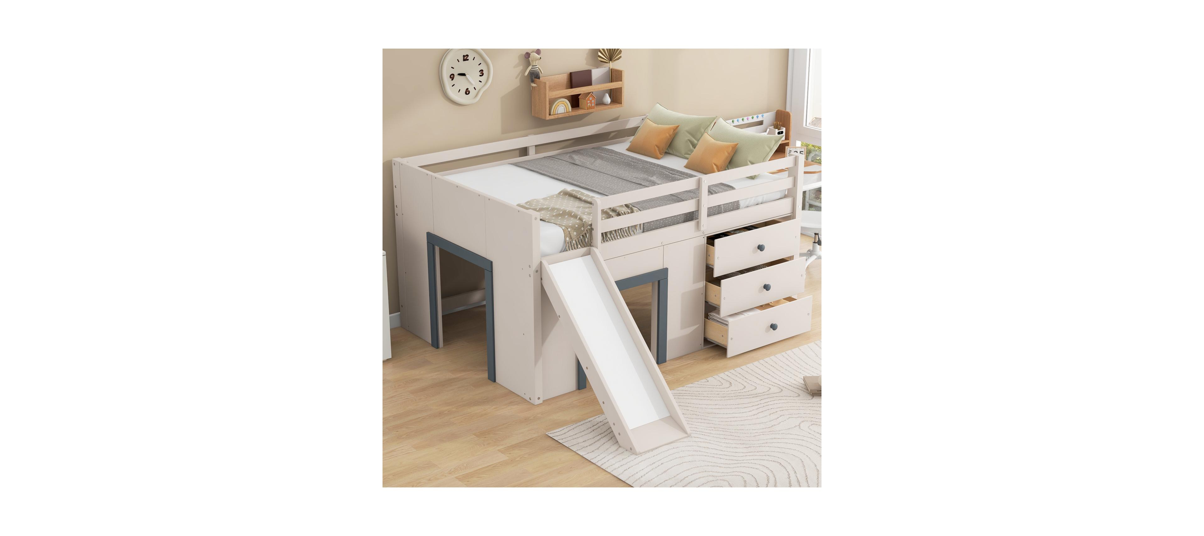 Streamdale Furniture Full Size Low Loft Bed with Slide, Storage Drawers, and Doors