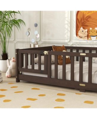 Twin Floor Bed with Fence & Door, Espresso