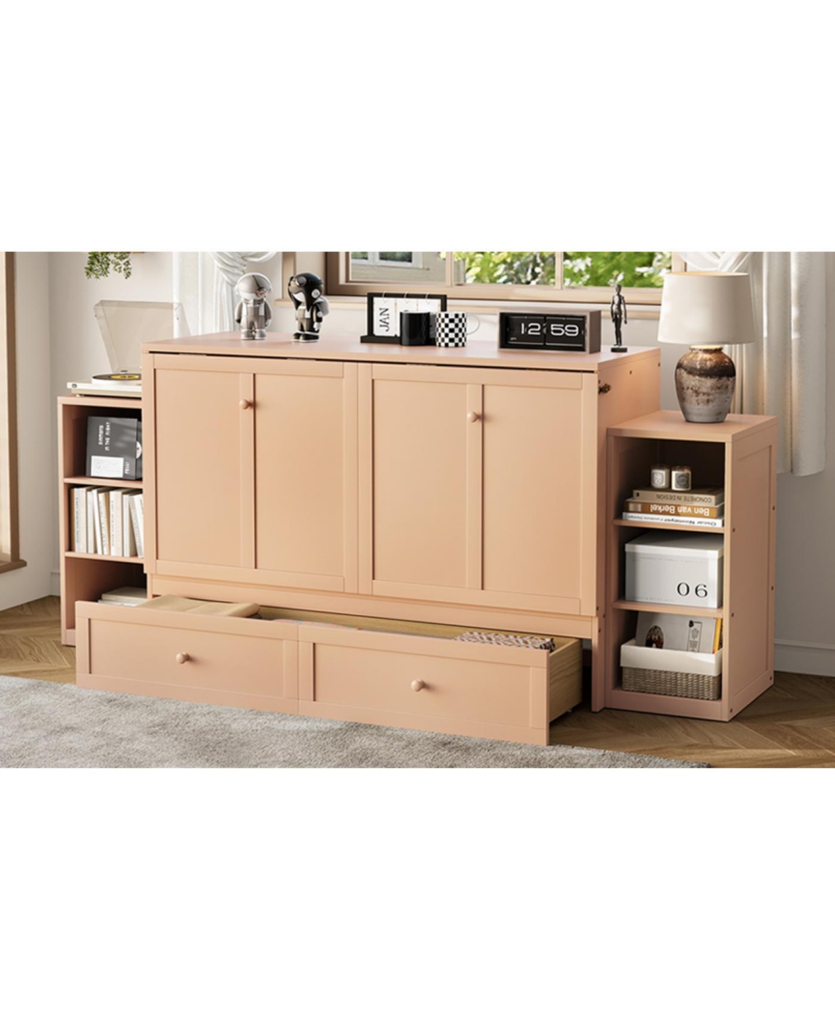 Streamdale Furniture Queen size Pine, Mdf, and Plywood storage drawers and shelves Murphy bed