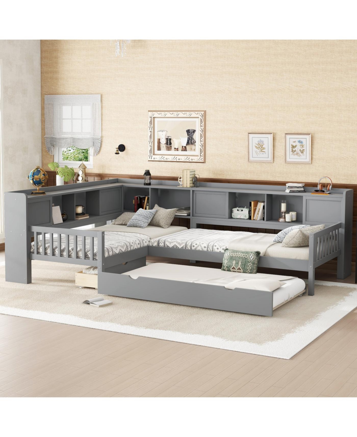 Streamdale Furniture Streamdale L-shaped Twin Platform Bed with Trundle, Storage Drawers & Shelves, Grey