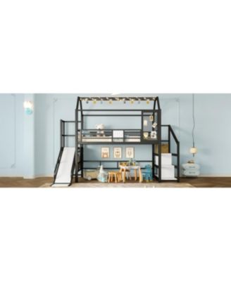 Streamdale Twin Loft Bed with Slide, Stairs, Storage & House Roof - Black