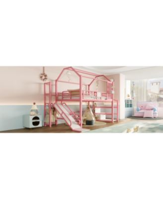  Full House Loft Bed with Slide, Stairs, Storage, Pink
