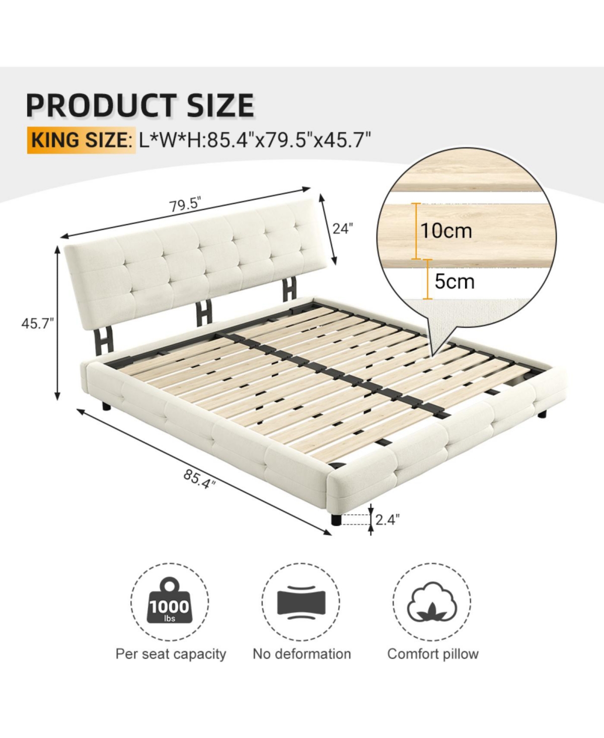Streamdale Furniture Streamdale King Size Bed Frame with Tufted Headboard and Cloud Pillow Design, Beige/White