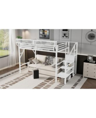 Twin XL Loft Bed with Stairs, Storage Shelves & Wardrobe - White