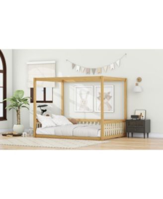 Full Size Canopy Frame Rubber Wood Floor Bed with Fence, Guardrails