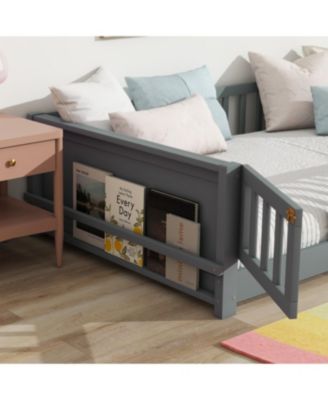 Twin Size Floor Bed with Built-in Book Rack and Door, Grey