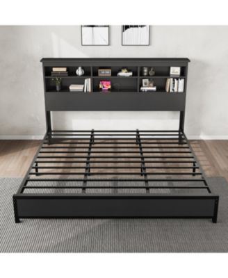 King Size Bed Frame with Bookcase Headboard, 2-Tier Storage Platform Bed with USB Charging Station, No Box Spring Needed, Easy Assembly