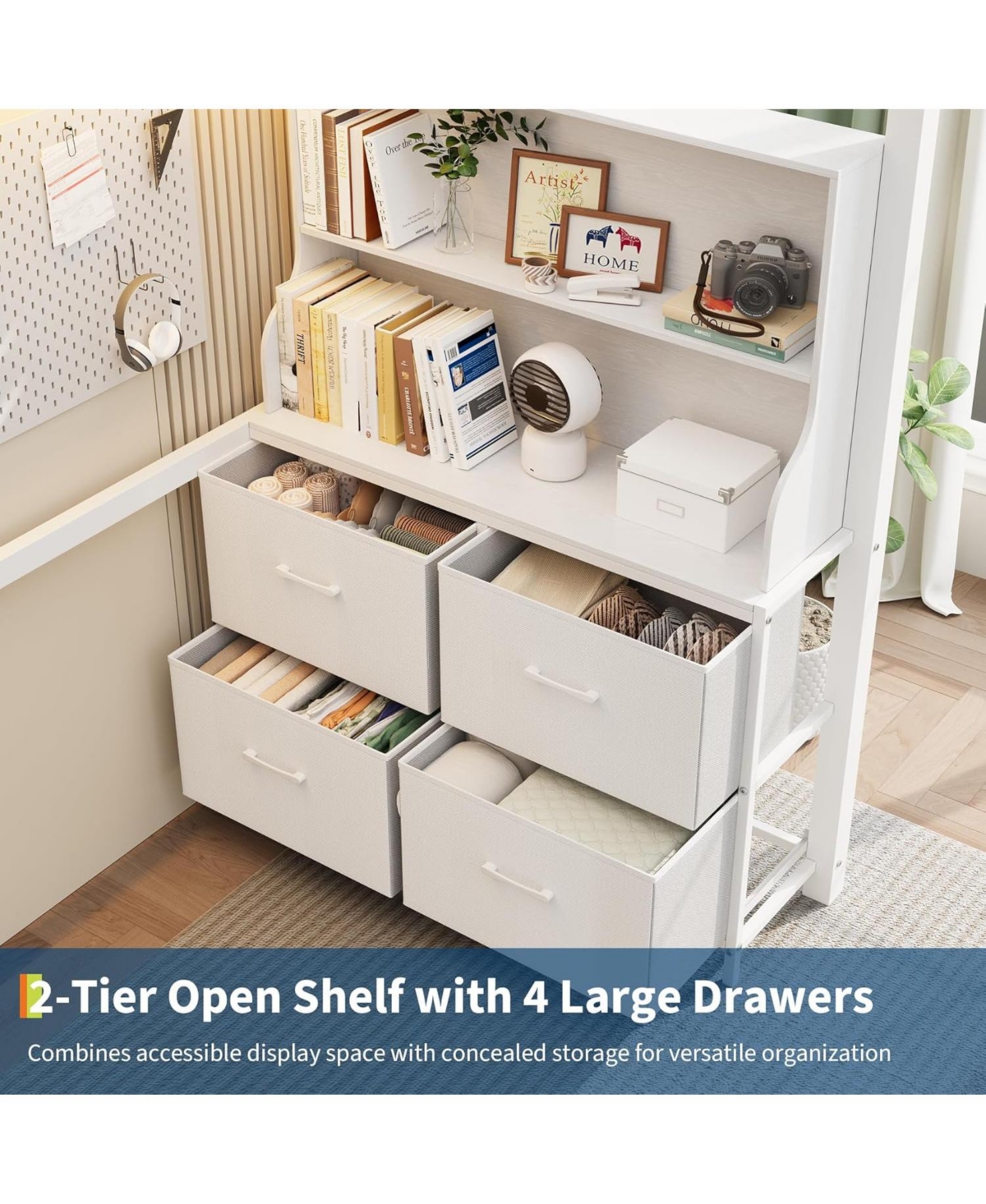 gaomon Twin Loft Bed with Desk, 4 Fabric Drawers & 2 Shelves, Metal Led Lights, Usb Charging Station, Safety Guardrail Ladder
