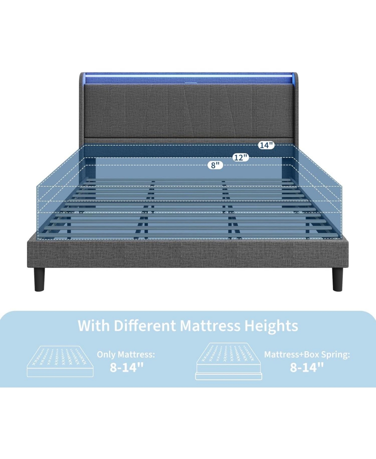 Gaomon Upholstered Storage Bed with Led Lights, Charging Station & Integrated Shelves