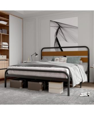 King Size Bed Frame, Heavy Duty Platform Frame with Wooden Headboard and Under-Bed Storage, Noise Free Design Mattress Foundation, Easy Assembly