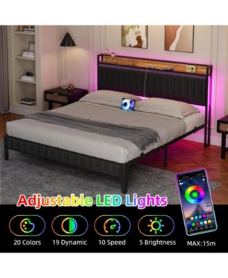 Bed Frame with LED Light and Charging Station, Upholstered Platform Bed with Storage Headboard, Metal Slat, Noise Free, Easy Assembly