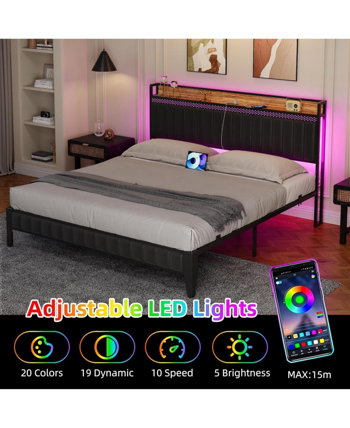 gaomon Bed Frame with Led Light and Charging Station, Upholstered Platform Bed with Storage Headboard, Metal Slat, Noise Free, Easy Assembly