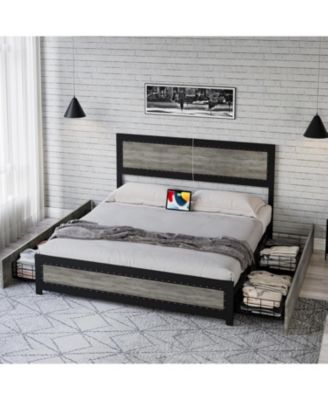 Bed Frame with Four Storage Drawers and Charging Station, Riveted Headboard Platform Bed with Metal Slat Frame, No Box Spring Required